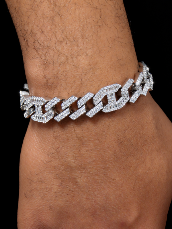 14mm Iced Out Cuban Prong Baguette Bracelet in White Gold