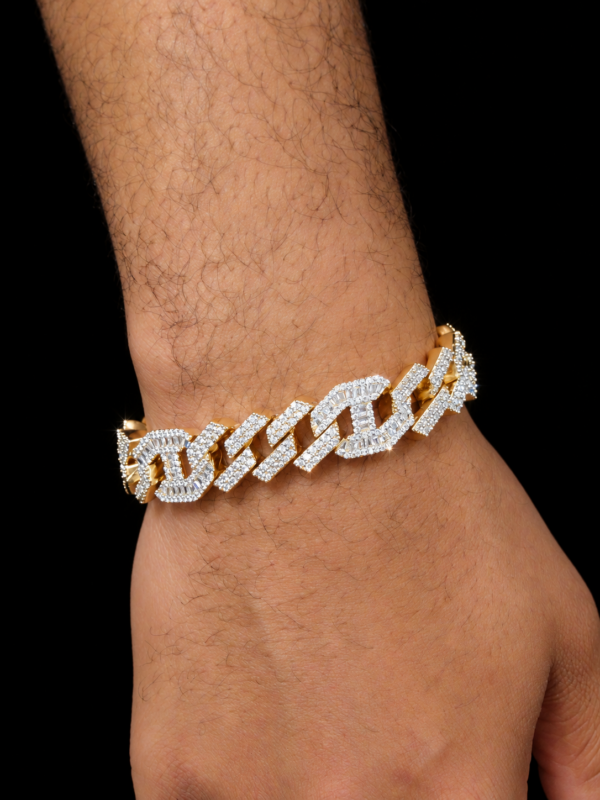 14mm Iced Out Cuban Prong Baguette Bracelet in Gold