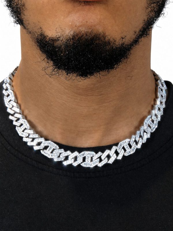 14mm Iced Out Cuban Prong Baguette Chain in White Gold